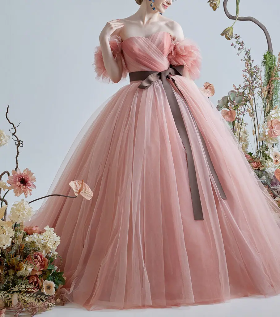 ルルフェリーチェ ピンクのチュールカラードレス【LU-0162】（7号～15