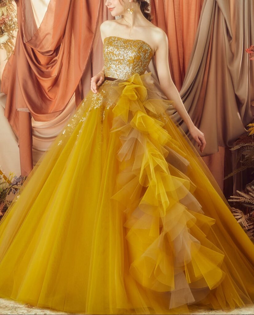 ルルフェリーチェ マスタード カラードレスレンタル【LU-0123】5号～21号